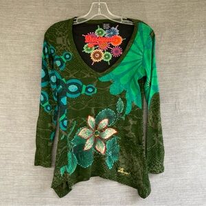 Desigual Top Long Sleeve Green Floral Embroidered